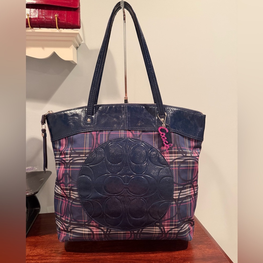 Coach Tartan Navy and Pink Plaid Signature Tote